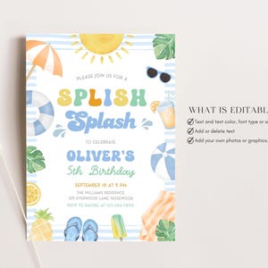 Puede incluir: Invitaci&oacute;n de cumplea&ntilde;os con tem&aacute;tica de playa para el 5&ordm; cumplea&ntilde;os de Oliver, con las palabras "Splish Splash". El dise&ntilde;o incluye un sol, una sombrilla, gafas de sol y otras ilustraciones de verano. La invitaci&oacute;n detalla la fecha, la hora y el lugar.