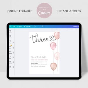 Girl's 3rd Birthday Invitation, Pink Balloons, Editable Canva (Digital Download) image 4