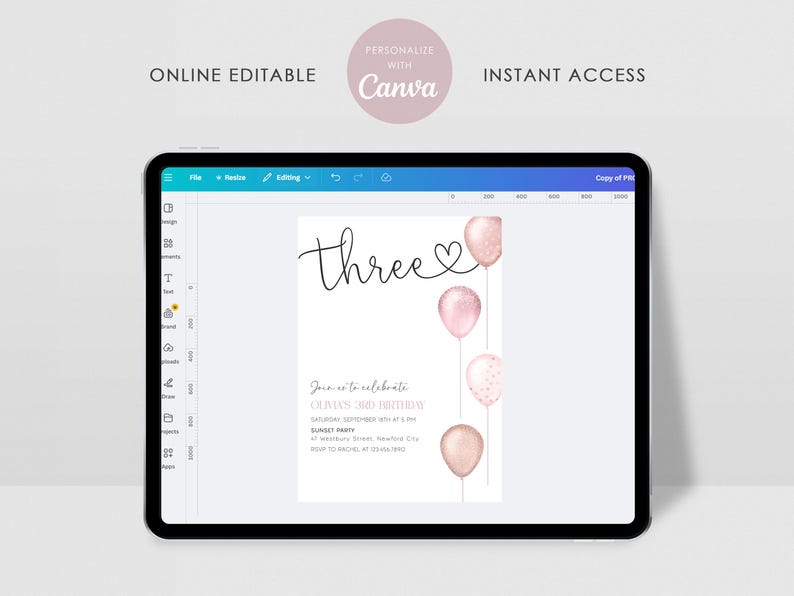 Girl's 3rd Birthday Invitation, Pink Balloons, Editable Canva (Digital Download) image 4