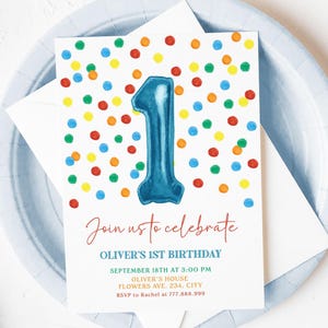 Editable Boy 1st Birthday Digital Invitation Colorful Confetti Theme Corjl Template Printable