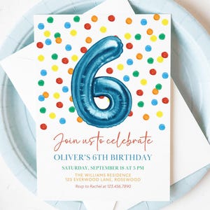 6th Birthday Invitation Boy, Colorful Confetti Six Invitation Balloon, Canva Template