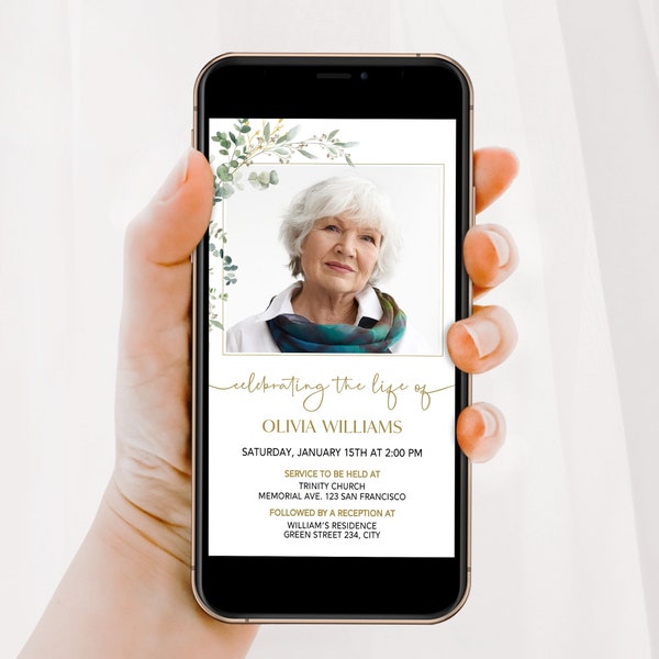 Smartphone Funeral Invite with Photo, Celebration of Life Evite, Editable Text Message Invitation