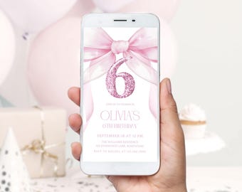 Pink Bow Glitter 6th Birthday Evite, Girl Birthday Electronic Invite, Canva Template