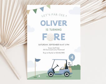 Golf 4th Birthday Invitation Editable, Boy Fore Birthday Invite Template, Cute Golf Cart Canva Template