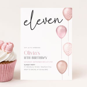 11th Birthday Invitation Girl Editable, Eleven Birthday Invite, Pink Balloons Digital Canva Template