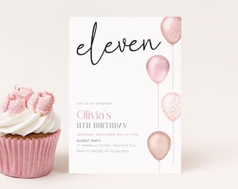 11th Birthday Invitation Girl Editable, Eleven Birthday Invite, Pink Balloons Digital Canva Template
