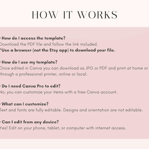 May include: A light pink graphic with the title "HOW IT WORKS" in black text. The graphic provides instructions on accessing and using a template, including downloading a PDF file, editing in Canva, and editing on any device.