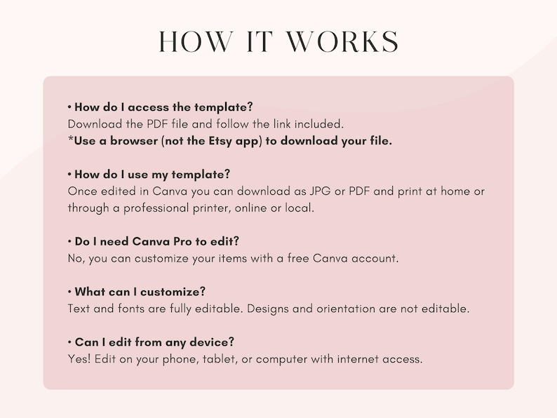 May include: A light pink graphic with the title "HOW IT WORKS" in black text. The graphic provides instructions on accessing and using a template, including downloading a PDF file, editing in Canva, and editing on any device.
