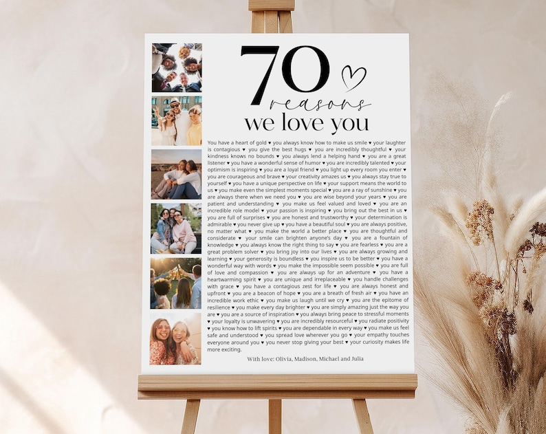 May include: A white poster with a black heart and the text "70 reasons we love you" printed on it. The poster is decorated with photos of people in a collage style.