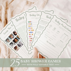 Neutral Wavy Baby Shower Games Bundle, Sage Green Whimsical, Editable Pack