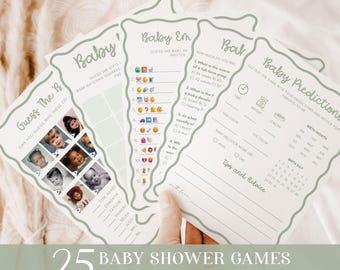 Neutral Wavy Baby Shower Games Bundle, Sage Green Whimsical, Editable Pack