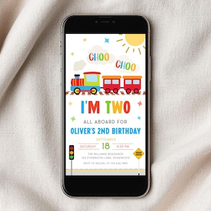 Choo Choo I'm Two Evite, Train Second Birthday Electronic Invite, Colorful Canva Template