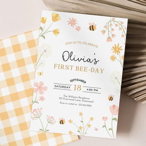 1st Bee Day Invitation Editable, Floral Girl First Birthday Invite, Bumble Bee Party Canva Template