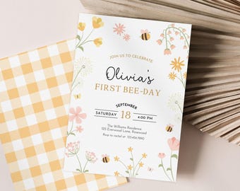 1st Bee Day Invitation Editable, Floral Girl First Birthday Invite, Bumble Bee Party Canva Template