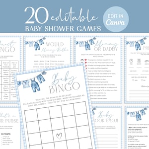 May include: A set of 20 editable baby shower games with a blue denim theme. Games include Bingo, Would Mummy Rather, Baby Predictions, and Baby Trivia. The text "Edit in Canva" is also visible.