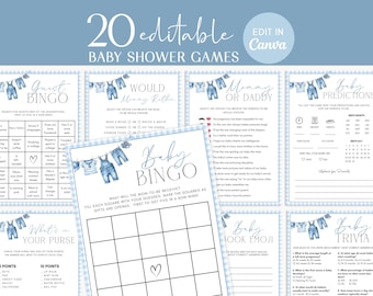 Blue Jean Baby Shower Games Bundle, Boy Denim Game Package, Canva Editable