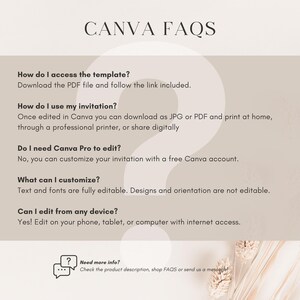 May include: A Canva FAQ page with a light brown background and a question mark graphic. The text on the page includes: "How do I access the template?", "How do I use my invitation?", "Do I need Canva Pro to edit?", "What can I customize?", "Can I edit from any device?", and "Need more info?"