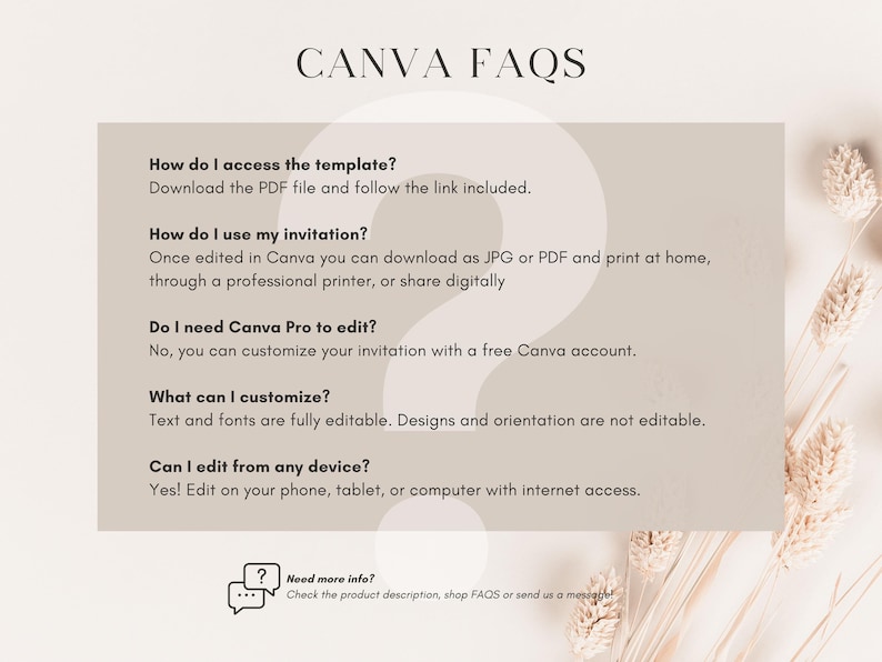 May include: A Canva FAQ page with a light brown background and a question mark graphic. The text on the page includes: "How do I access the template?", "How do I use my invitation?", "Do I need Canva Pro to edit?", "What can I customize?", "Can I edit from any device?", and "Need more info?"