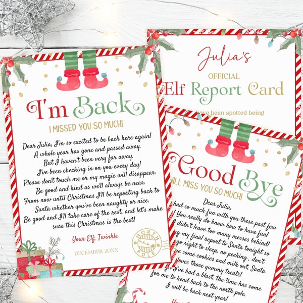 Elf Hello and Goodbye Letters Editable Set, I'm Back Letter, Goodbye From your Elf and Report Card, 5x7"