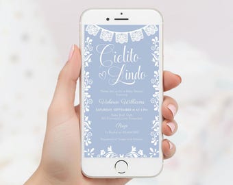 Blue Cielito Lindo Baby Shower Digital Invitation, Papel Picado Phone Invite, Canva Editable