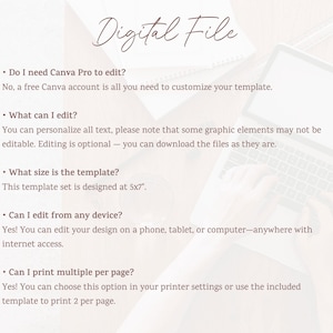 May include: A digital file template with the words "Digital File" in cursive script. The text provides information about editing the template, including the use of a free Canva account, editable elements, template size (12.7 x 17.8 cm), and device compatibility.