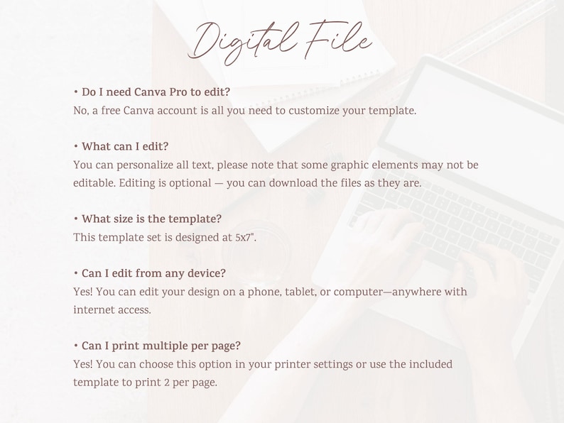 May include: A digital file template with the words "Digital File" in cursive script. The text provides information about editing the template, including the use of a free Canva account, editable elements, template size (12.7 x 17.8 cm), and device compatibility.