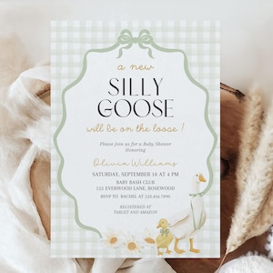Silly Goose Baby Shower Invitation, Mother Goose Neutral Baby Shower Invite, Sage Green Gingham Baby Shower Canva Template
