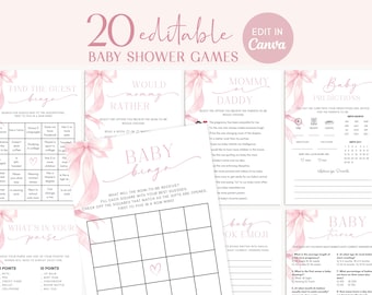Pink Bow Baby Shower Games Bundle, Girl Coquette Game Package, Canva Editable