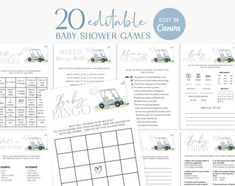Baby Shower Games Golf Theme, Editable Blue Cart Game Bundle, Canva Templates