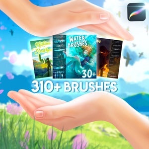 Peut inclure: Une paire de mains tenant quatre packs de pinceaux numériques pour Procreate. Les packs sont intitulés "Nature Brushes", "Water Brushes", "Fire Brushes" et "Clouds Brushes". Le texte "310+ Brushes" est affiché au centre de l'image.