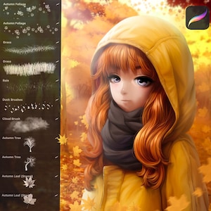 May include: A digital illustration of a young woman with long, red hair wearing a yellow raincoat and a grey scarf. The background is a blurred image of an autumn forest with falling leaves.