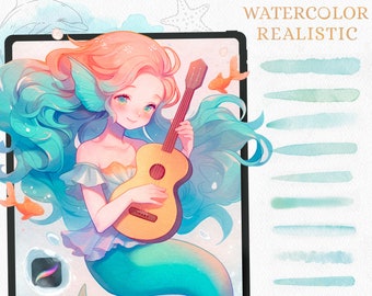 Realistic Siren Watercolor Brushes for Procreate | Includes Watercolor Canvas, Water Blender