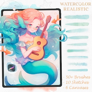 Realistische sirene aquarelborstels voor voortplanting | Inclusief aquarelcanvas en waterblender