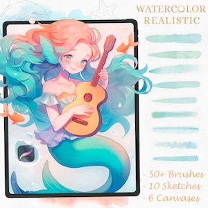 Realistic Siren Watercolor Brushes for Procreate | Includes Watercolor Canvas, Water Blender