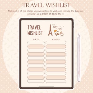 May include: A digital travel wishlist template on a tablet. The screen displays "TRAVEL WISHLIST" with sections for places and activities. A stylus rests beside the tablet. The background is a light peach color with a dotted pattern.