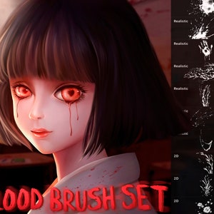 May include: A digital illustration of an anime-style girl with red eyes and blood dripping from her eyes. The text "BLOOD BRUSH SET" is written in red at the bottom of the image. The image is a digital art brush set for creating blood effects.