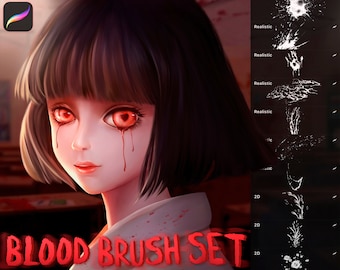 May include: A digital illustration of an anime-style girl with red eyes and blood dripping from her eyes. The text "BLOOD BRUSH SET" is written in red at the bottom of the image. The image is a digital art brush set for creating blood effects.