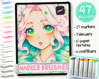 40+ Copic inspired Marker Brush Set | Airbrush, Multiliner, Blender, Paper texture, Markers for Procreate