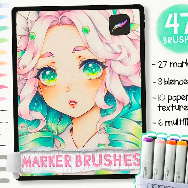 Más de 40 juegos de pinceles de marcador inspirados en Copic / Aerógrafo, Multiliner, Blender, Textura de papel, Marcadores para Procreate