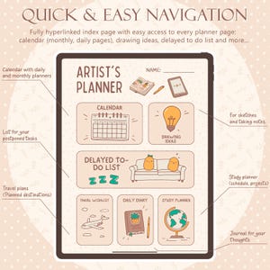 May include: Digital artist's planner on a tablet, featuring a calendar, drawing ideas, and a delayed to-do list. The planner includes sections for travel plans, a daily diary, and a study planner. The text "QUICK & EASY NAVIGATION" is at the top.