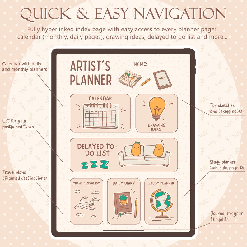 May include: Digital artist's planner on a tablet, featuring a calendar, drawing ideas, and a delayed to-do list. The planner includes sections for travel plans, a daily diary, and a study planner. The text "QUICK & EASY NAVIGATION" is at the top.