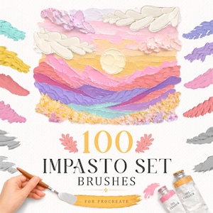 Op de afbeelding: Een digitale kunstset met 100 Impasto Set Brushes for Procreate, weergegeven met een getextureerd landschapsschilderij van bergen, een zon en wolken, naast verfstalen, een paletmes en twee tubes olieverf met het label Oil Colour.