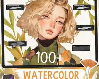 May include: Digital art illustration of a woman with blonde hair and green eyes, surrounded by watercolor brushes and digital art tools. The image includes the text "100+ WATERCOLOR realistic brushes."