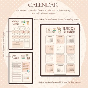 May include: Digital planner with a calendar for the year 2025, monthly and daily planner pages. The text on the image says "CALENDAR" and "YEAR 2025 PLANNER". The planner includes a to-do list and notes section.