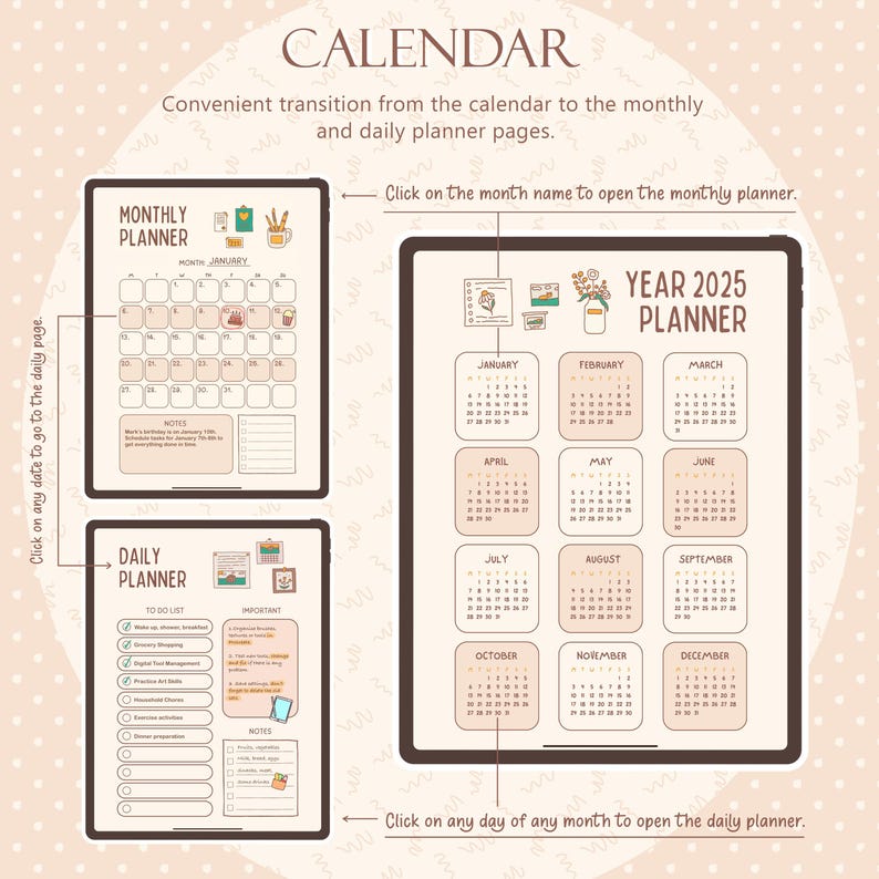 May include: Digital planner with a calendar for the year 2025, monthly and daily planner pages. The text on the image says "CALENDAR" and "YEAR 2025 PLANNER". The planner includes a to-do list and notes section.