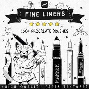 150+ Fine Liner Brush Set for Procreate | Micron, Stipple Brushes, Pattern Brushes, Fineliners, inking and lineart