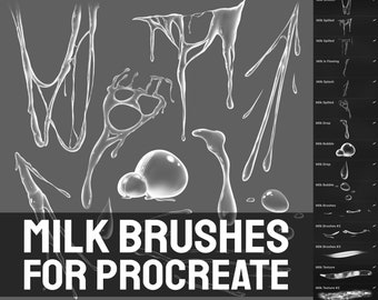 May include: A set of 12 digital milk brushes for Procreate, featuring various milk textures, including drips, splashes, and bubbles. The brushes are designed for creating realistic milk effects in digital art.