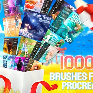 May include: A white gift box with a red ribbon is overflowing with colorful digital art brushes for Procreate. The box is surrounded by a field of yellow grass and a blue sky with white clouds. The text "1000+ Brushes for Procreate" is displayed in large, colorful letters.