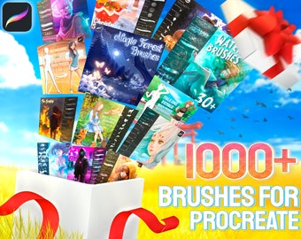 May include: A white gift box with a red ribbon is overflowing with colorful digital art brushes for Procreate. The box is surrounded by a field of yellow grass and a blue sky with white clouds. The text "1000+ Brushes for Procreate" is displayed in large, colorful letters.
