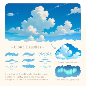 Ghibli Style Procreate Brushes: Nature, Foliage, Clouds, Water Effects (Digital Pack) image 3